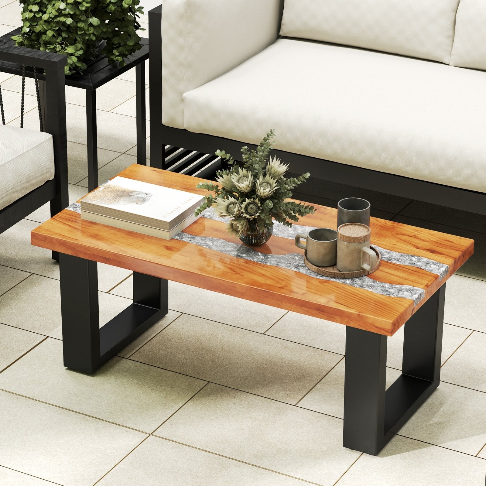 Teak Wood Patio Table with River Feel Epoxy Tabletop, Natural Coffee Tables   at Gallery Canada