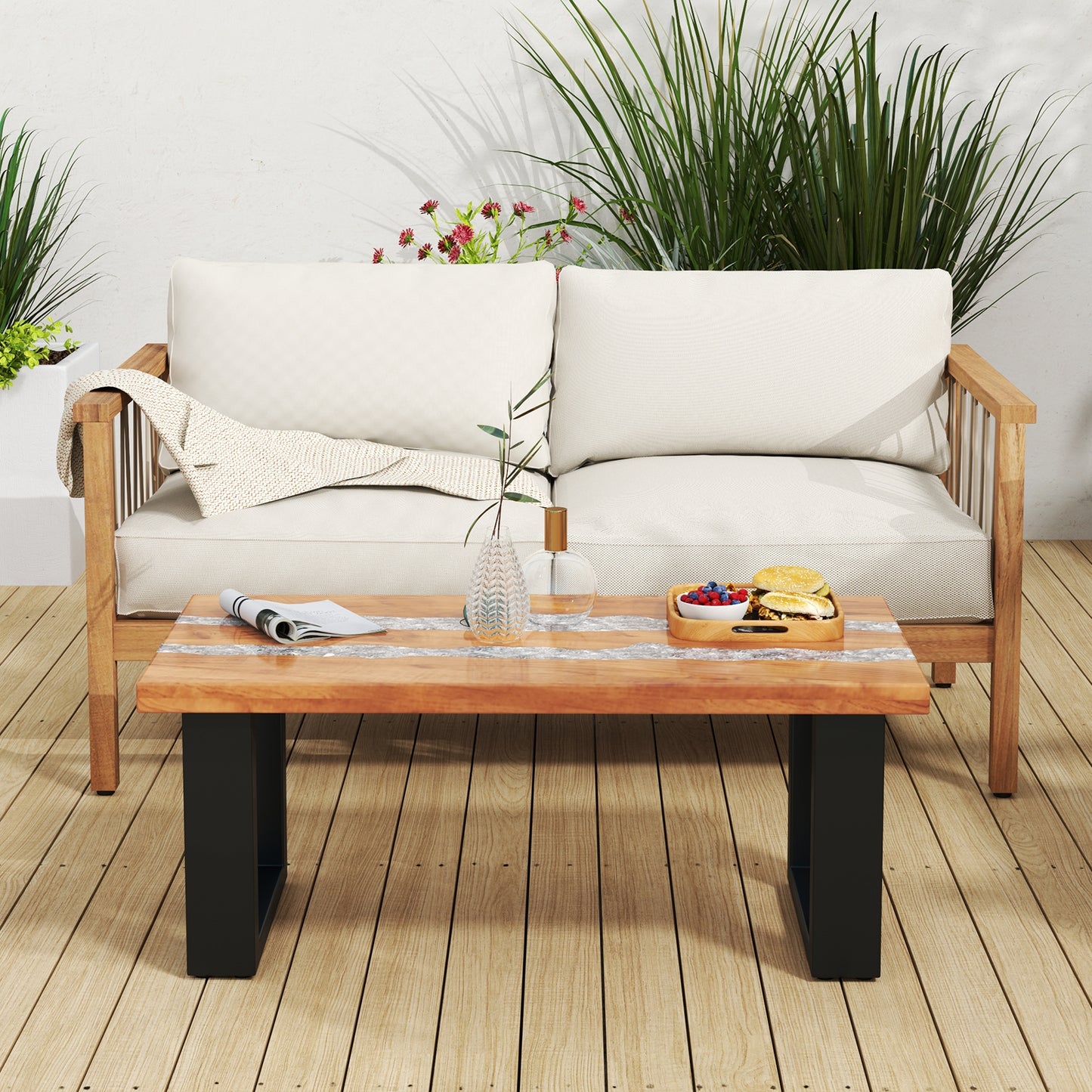 Teak Wood Patio Table with River Feel Epoxy Tabletop, Natural Coffee Tables   at Gallery Canada