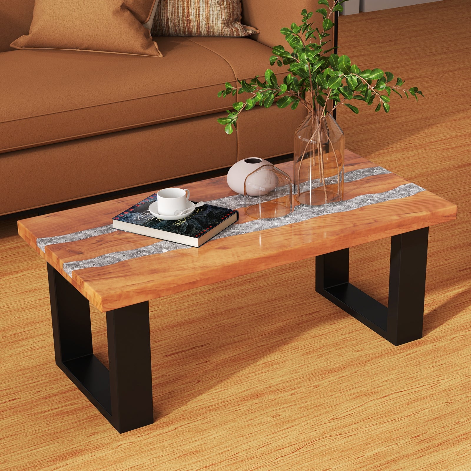 Teak Wood Patio Table with River Feel Epoxy Tabletop, Natural Coffee Tables   at Gallery Canada