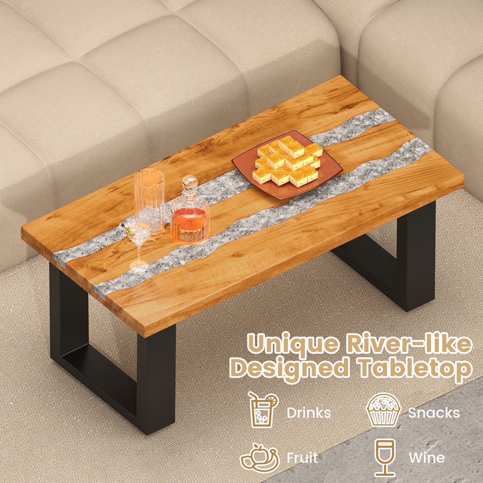 Teak Wood Patio Table with River Feel Epoxy Tabletop, Natural Coffee Tables   at Gallery Canada