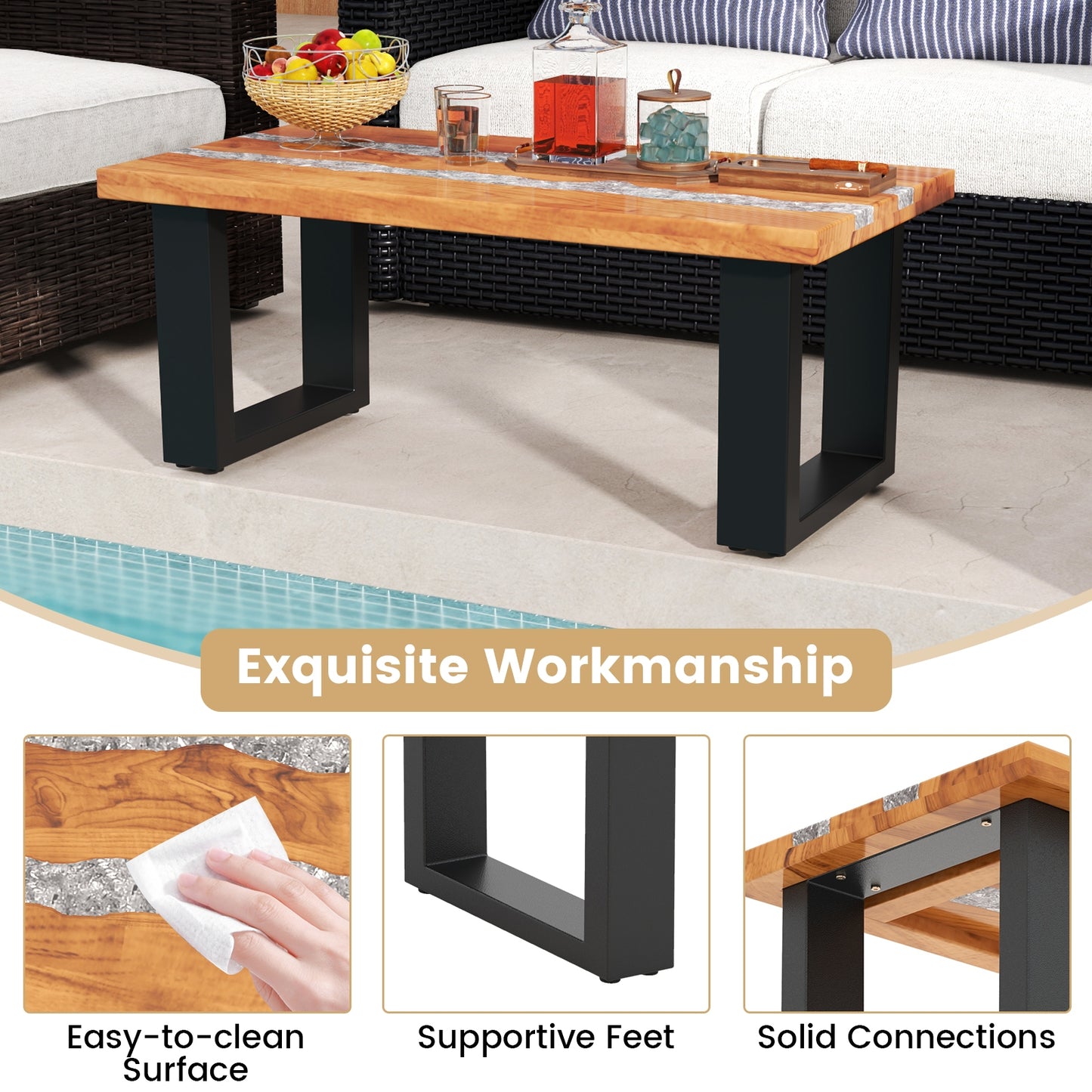 Teak Wood Patio Table with River Feel Epoxy Tabletop, Natural Coffee Tables   at Gallery Canada