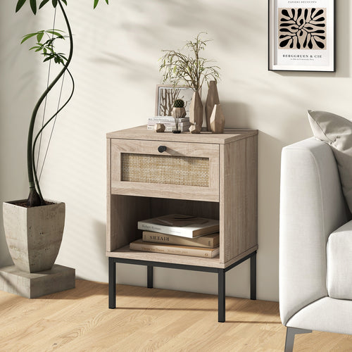 Rattan Nightstand Boho End Table with Rattan Drawer and Open Shelf Set of 2, Oak