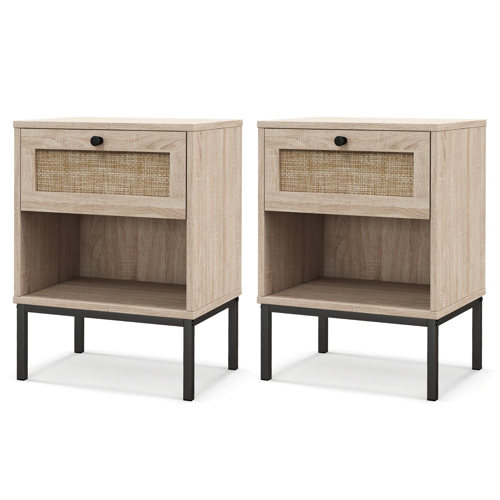 Rattan Nightstand Boho End Table with Rattan Drawer and Open Shelf Set of 2, Oak Nightstands Oak at Gallery Canada