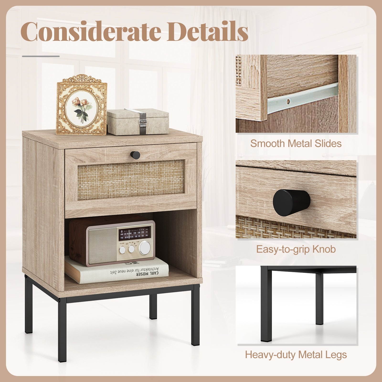 Rattan Nightstand Boho End Table with Rattan Drawer and Open Shelf Set of 2, Oak Nightstands at Gallery Canada