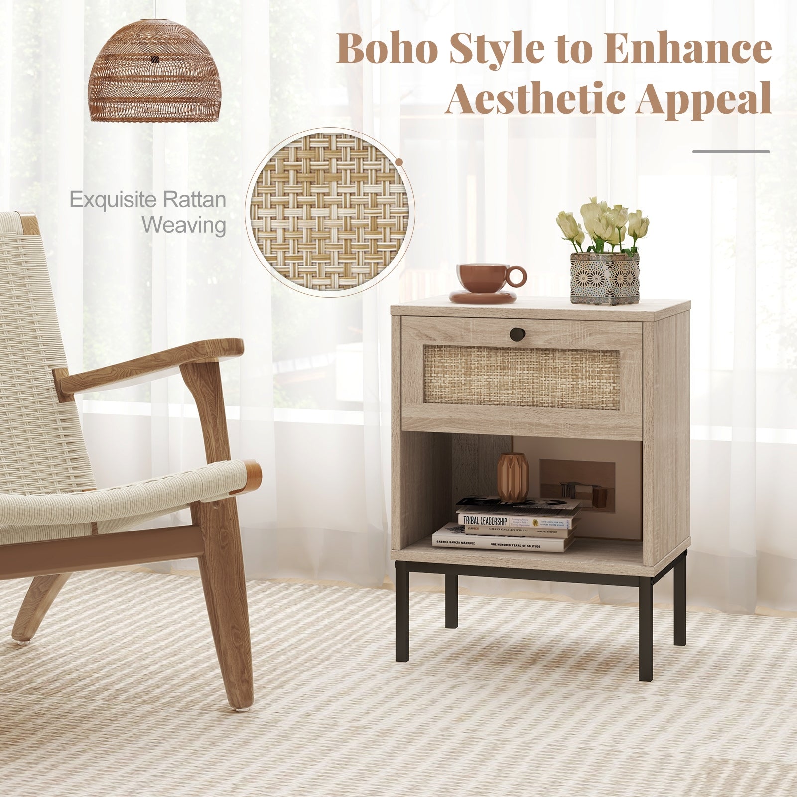 Rattan Nightstand Boho End Table with Rattan Drawer and Open Shelf Set of 2, Oak Nightstands at Gallery Canada