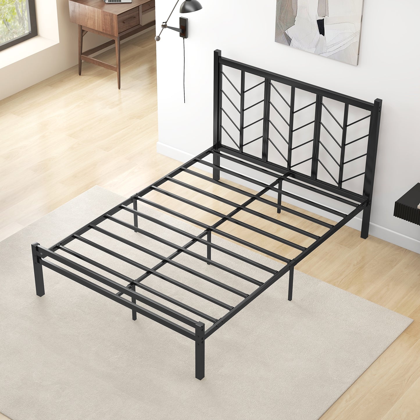 Full Size Platform Bed with Headboard and Metal Frame-Full Size, Black Simple Bed Frame   at Gallery Canada