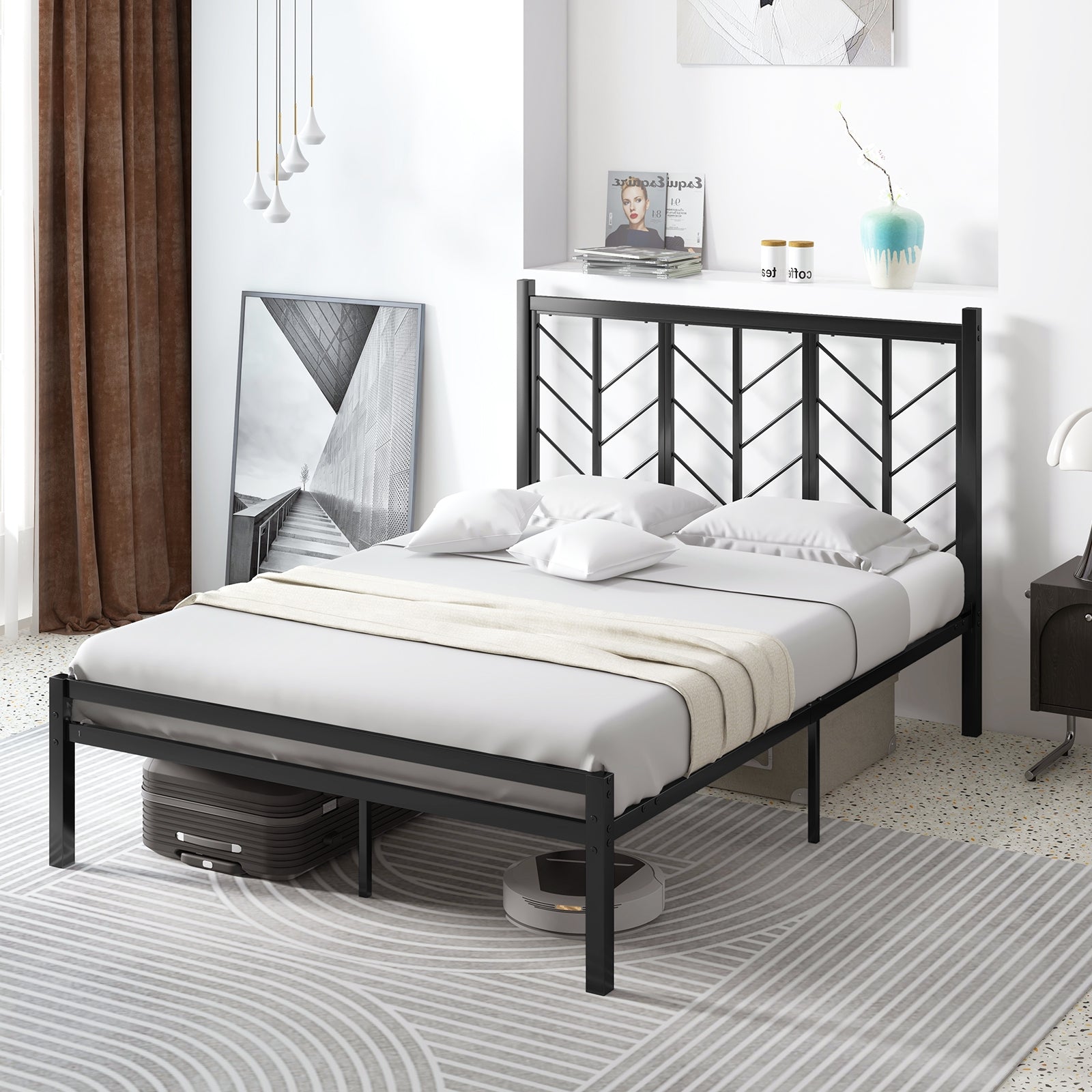 Full Size Platform Bed with Headboard and Metal Frame-Full Size, Black Simple Bed Frame   at Gallery Canada