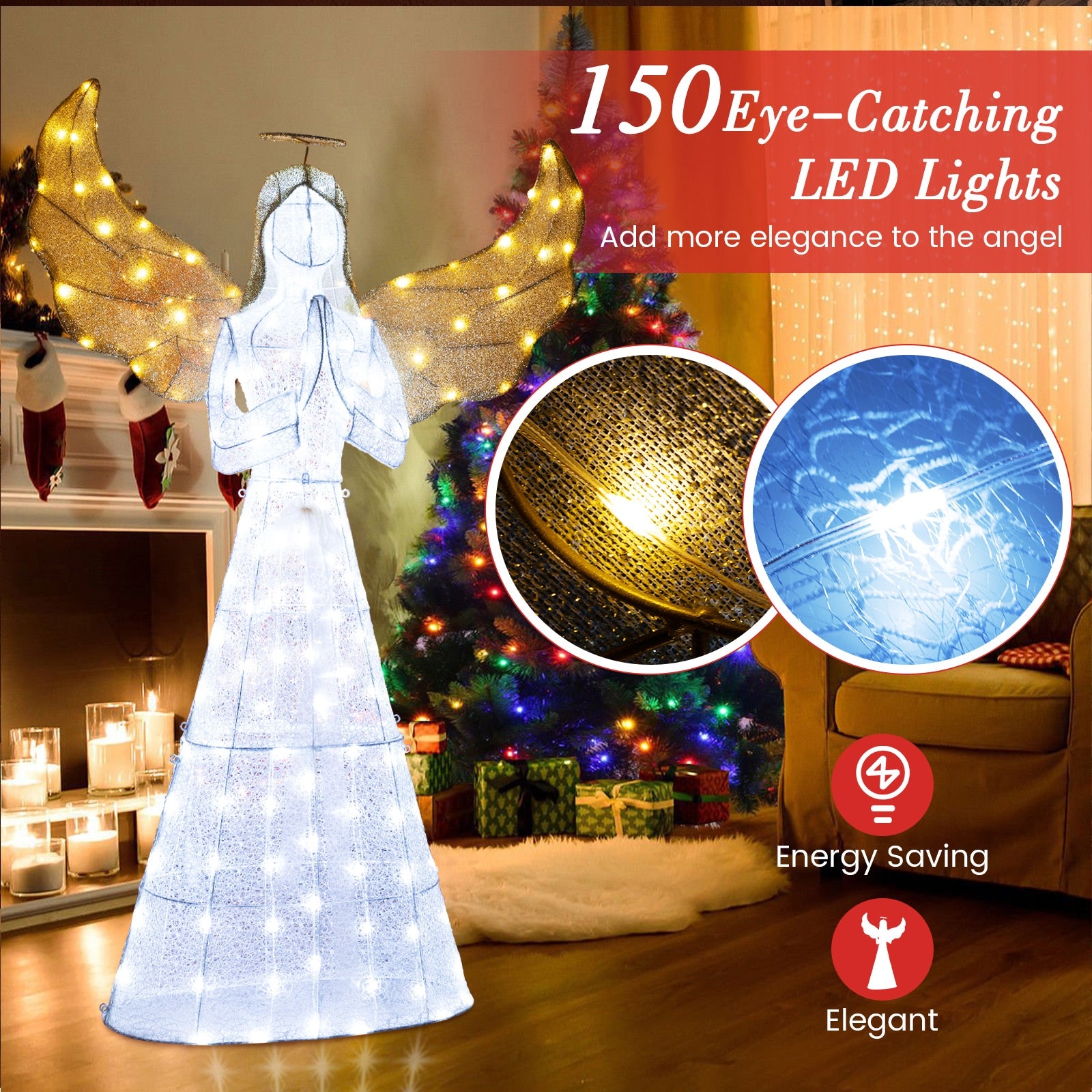 5 ft Festive Pre-Lit Angel with Halo and 150 LED Lights, White Christmas Decor & Accessories   at Gallery Canada