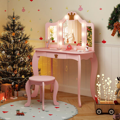 Kids Vanity Set with Tri-fold Lighted Mirror Detachable Top and Stool, Pink Kids Vanities   at Gallery Canada