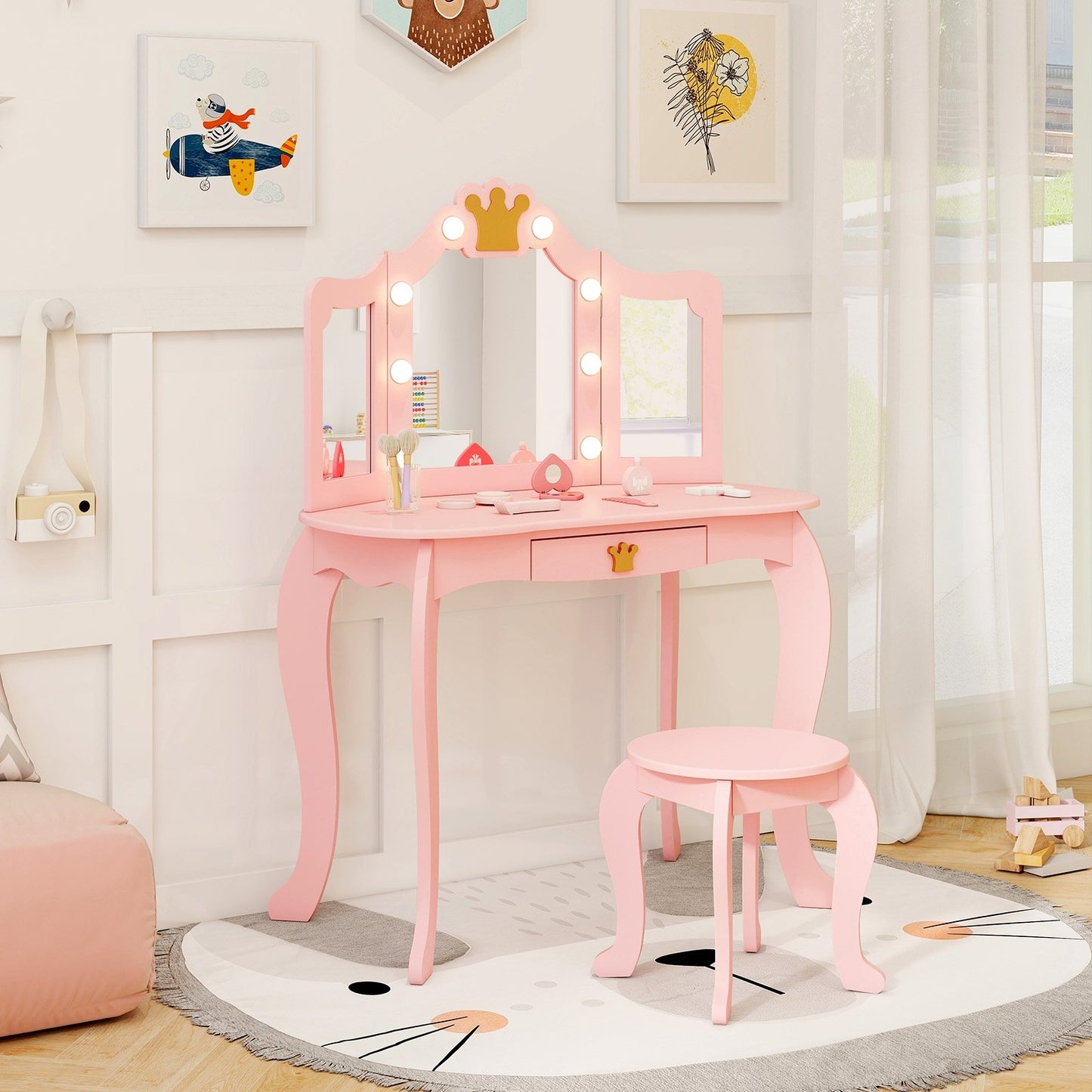 Kids Vanity Set with Tri-fold Lighted Mirror Detachable Top and Stool, Pink Kids Vanities   at Gallery Canada