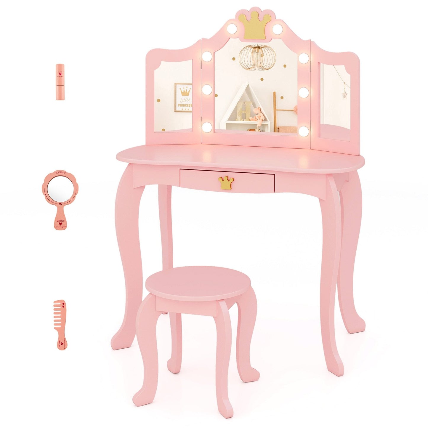 Kids Vanity Set with Tri-fold Lighted Mirror Detachable Top and Stool, Pink Kids Vanities Pink  at Gallery Canada