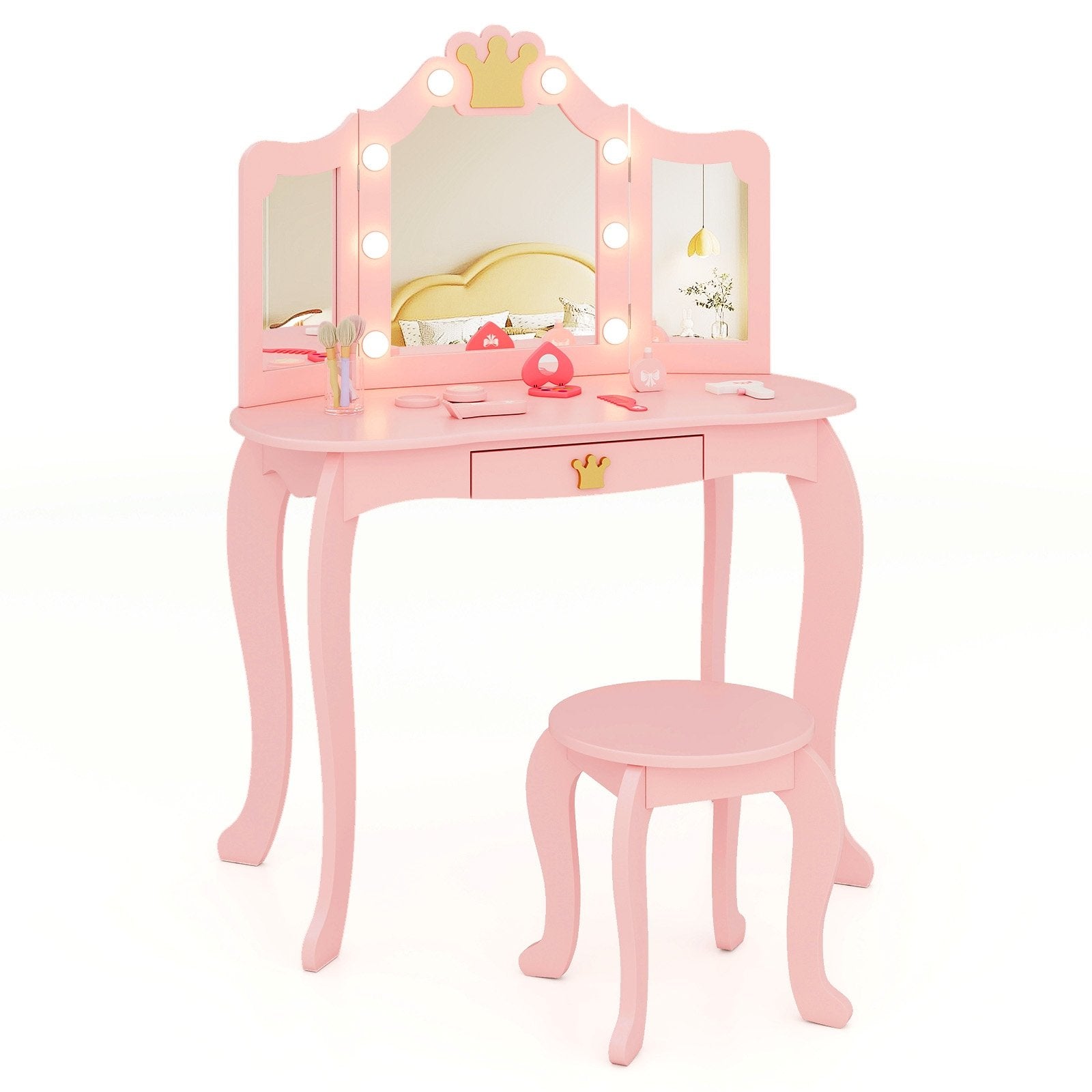 Kids Vanity Set with Tri-fold Lighted Mirror Detachable Top and Stool, Pink Kids Vanities   at Gallery Canada