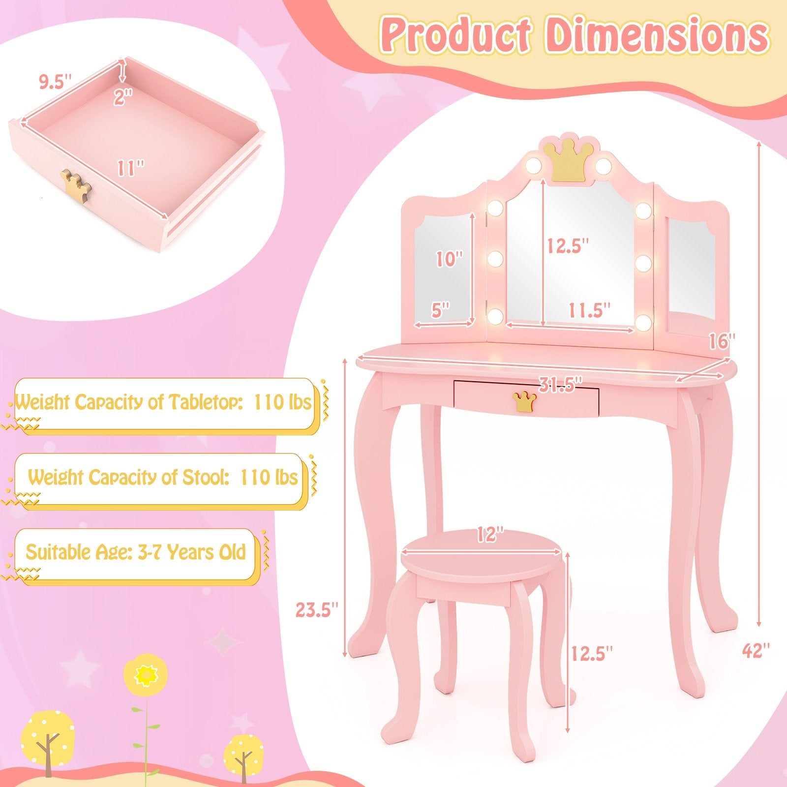 Kids Vanity Set with Tri-fold Lighted Mirror Detachable Top and Stool, Pink Kids Vanities   at Gallery Canada