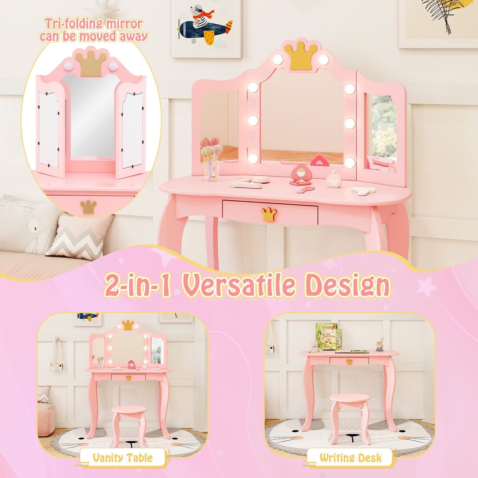 Kids Vanity Set with Tri-fold Lighted Mirror Detachable Top and Stool, Pink Kids Vanities   at Gallery Canada