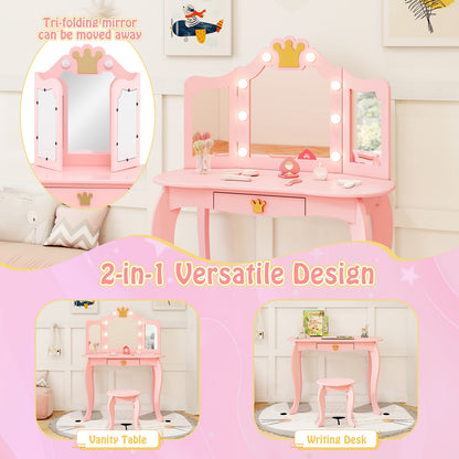 Kids Vanity Set with Tri-fold Lighted Mirror Detachable Top and Stool, Pink Kids Vanities   at Gallery Canada