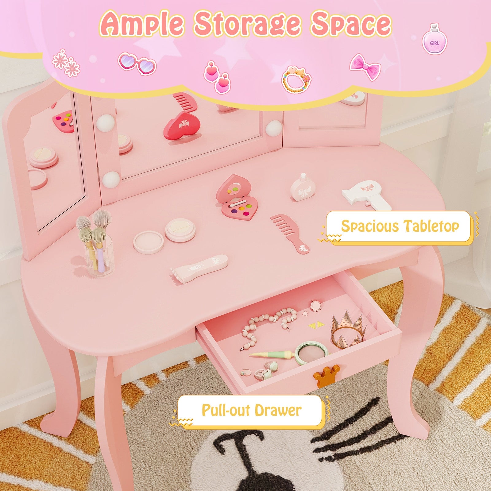 Kids Vanity Set with Tri-fold Lighted Mirror Detachable Top and Stool, Pink Kids Vanities   at Gallery Canada