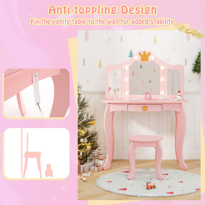 Kids Vanity Set with Tri-fold Lighted Mirror Detachable Top and Stool, Pink Kids Vanities   at Gallery Canada