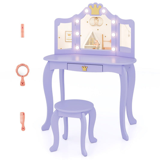 Kids Vanity Set with Tri-fold Lighted Mirror Detachable Top and Stool, Purple Kids Vanities Purple  at Gallery Canada