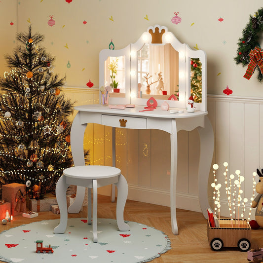 Kids Vanity Set with Tri-fold Lighted Mirror Detachable Top and Stool, White Kids Vanities White  at Gallery Canada