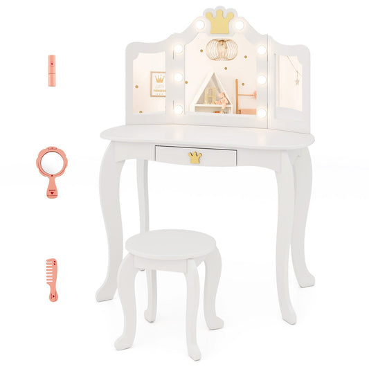 Kids Vanity Set with Tri-fold Lighted Mirror Detachable Top and Stool, White Kids Vanities White  at Gallery Canada