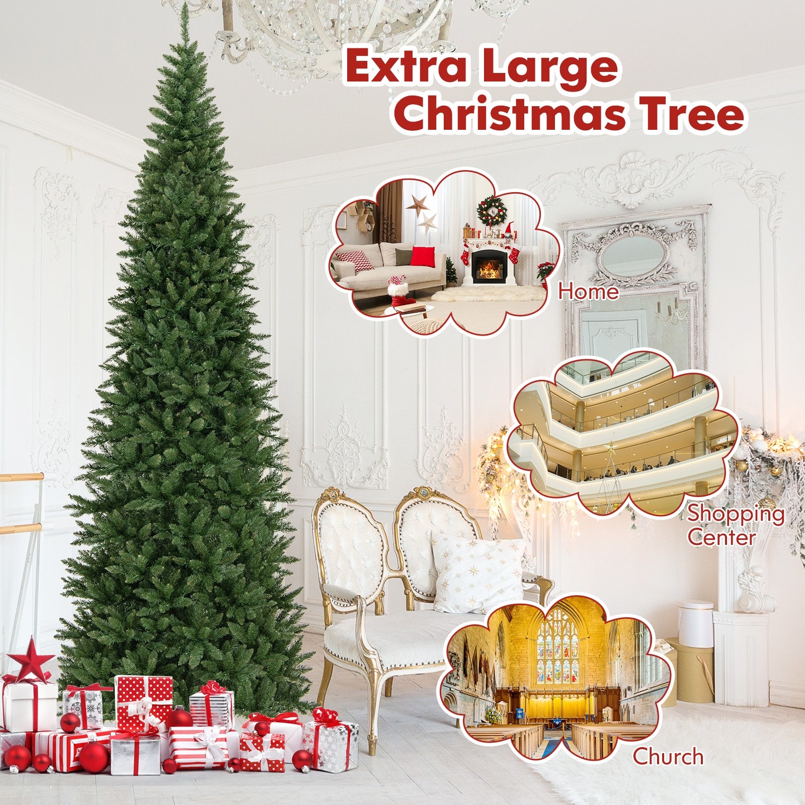 12 FT Artificial Christmas Tree with 800 Warm White LED Lights for Home Party Shopping Mall, Green Christmas Tree   at Gallery Canada