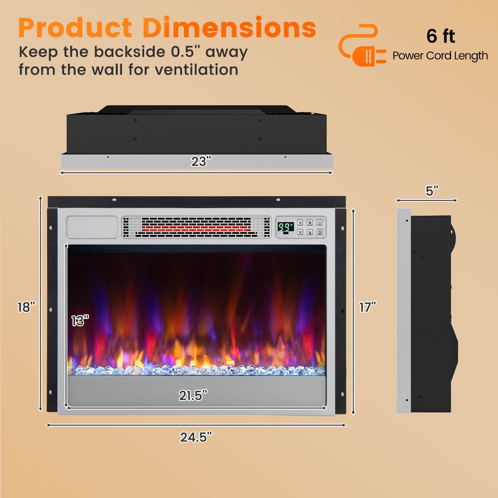 23 Inch 1500W Recessed Electric Fireplace Insert with Remote Control, Silver Fireplaces at Gallery Canada