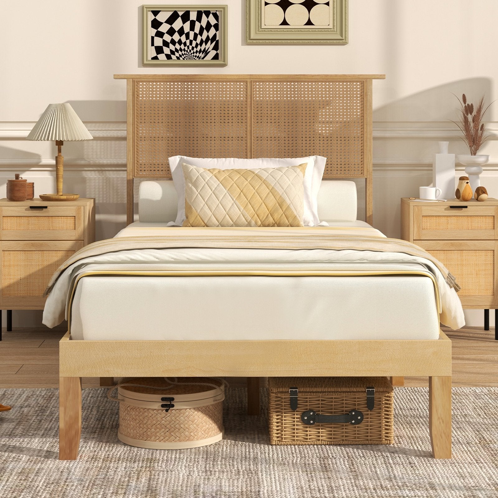 Twin/Full/Queen Size Bed Frame with Rattan Headboard-Twin Size, Natural Simple Bed Frame   at Gallery Canada