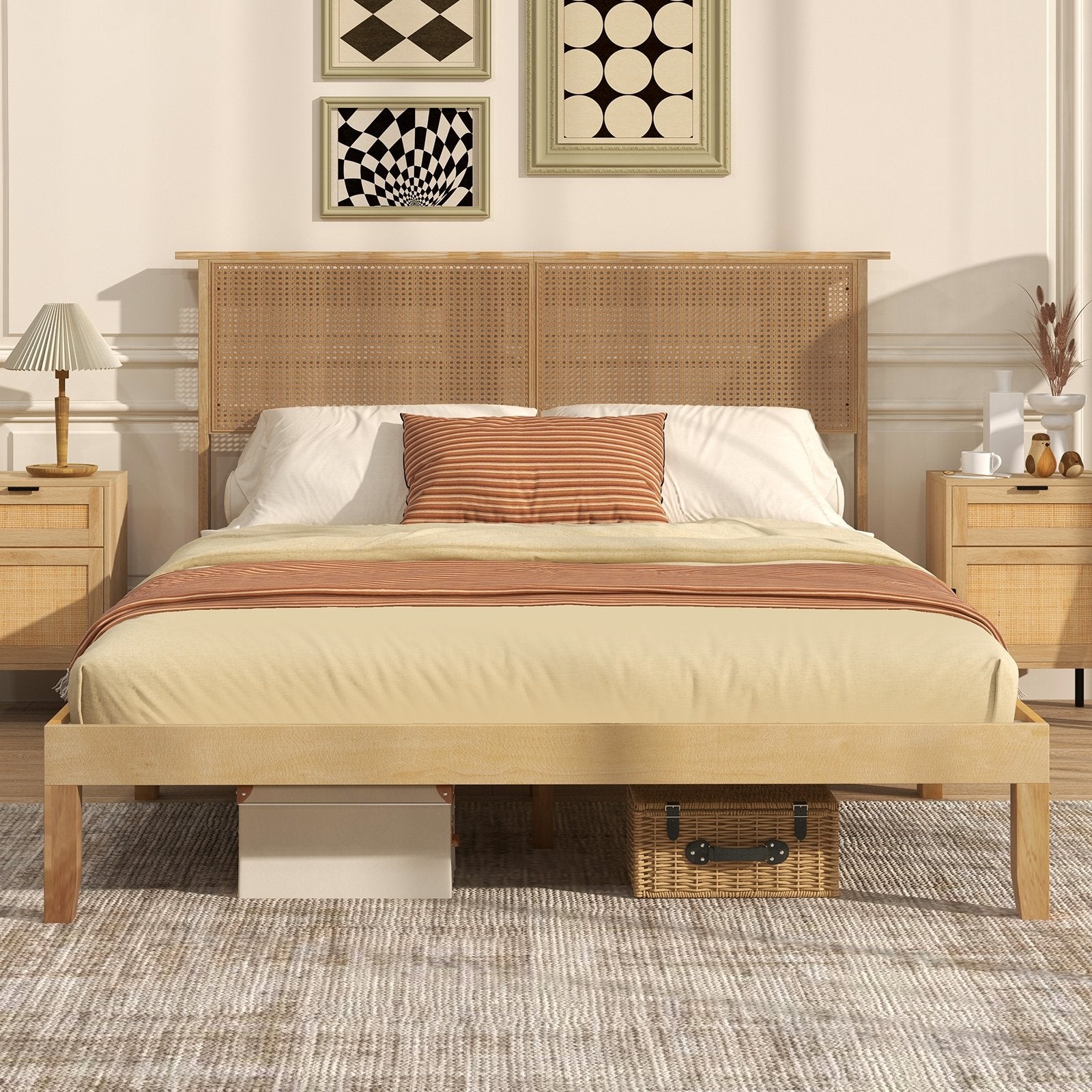 Twin/Full/Queen Size Bed Frame with Rattan Headboard-Queen Size, Natural Simple Bed Frame   at Gallery Canada