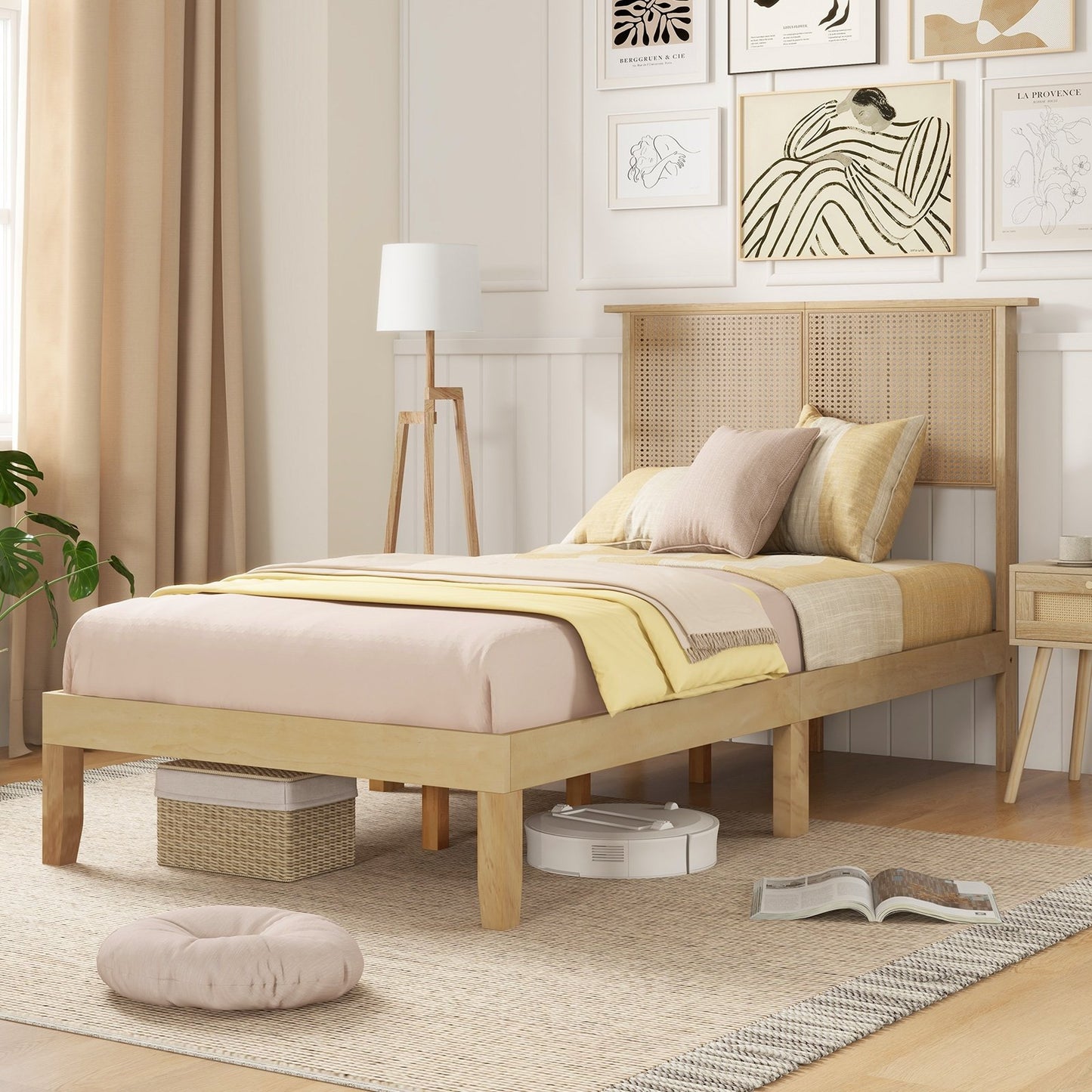 Twin/Full/Queen Size Bed Frame with Rattan Headboard-Twin Size, Natural Simple Bed Frame   at Gallery Canada