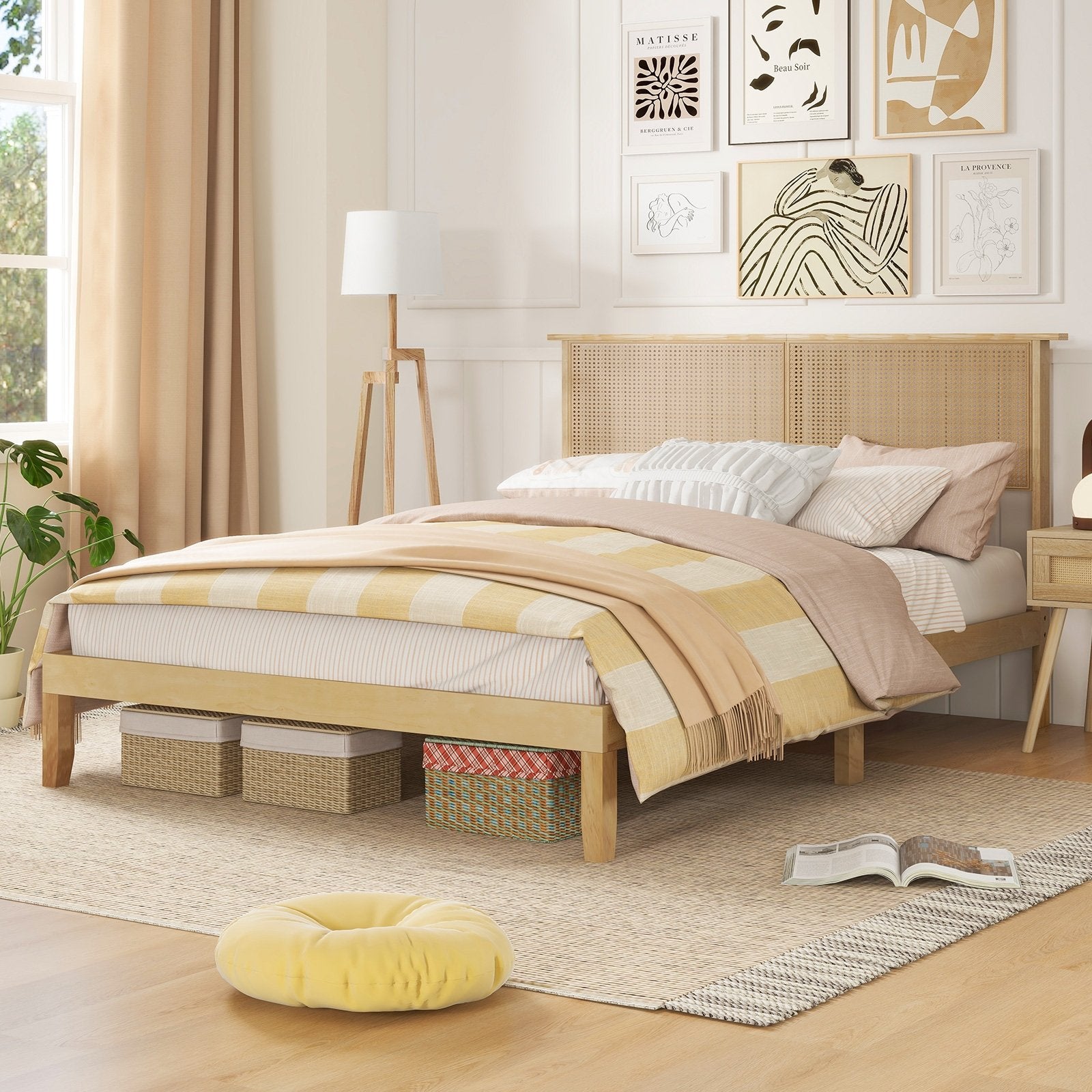 Twin/Full/Queen Size Bed Frame with Rattan Headboard-Queen Size, Natural Simple Bed Frame   at Gallery Canada