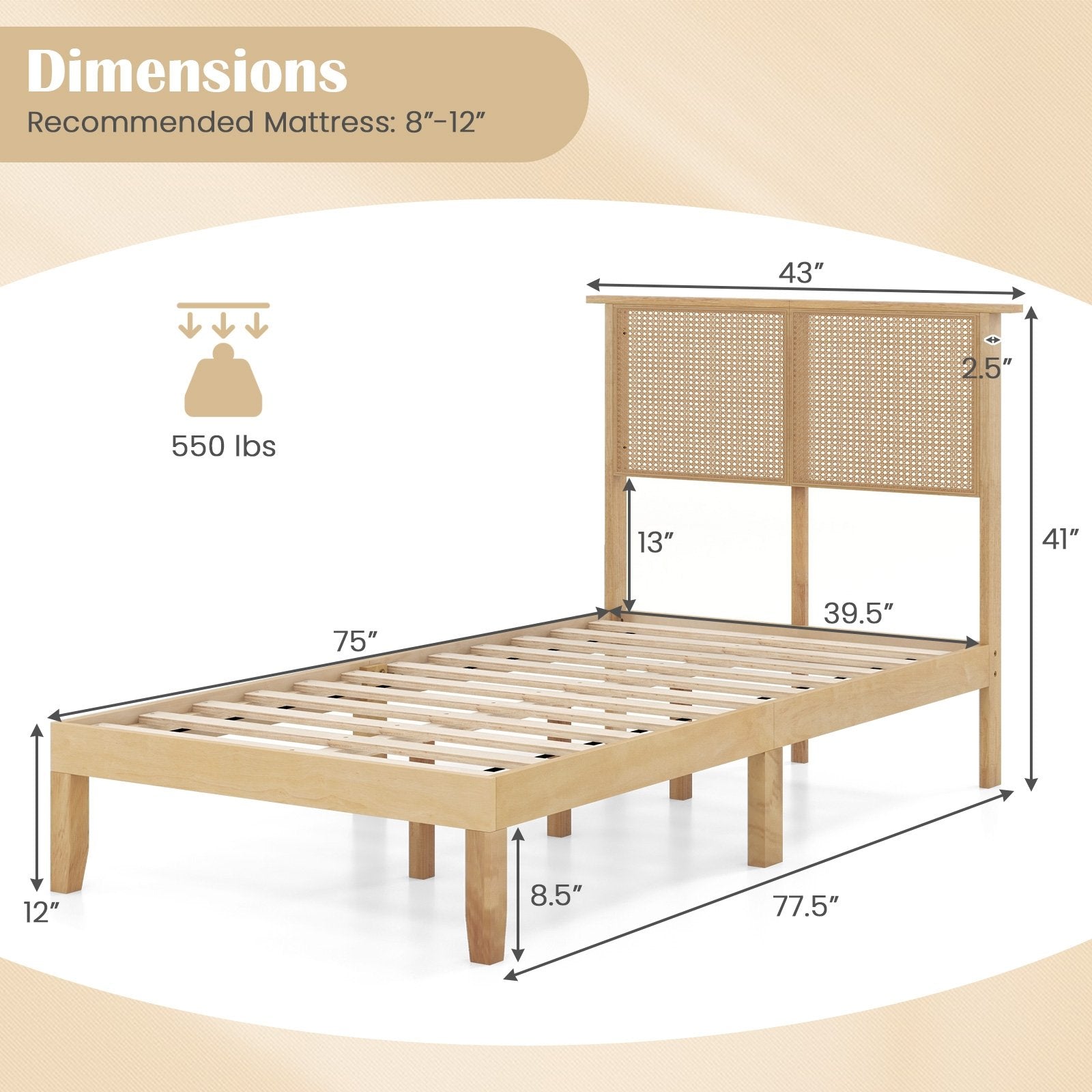 Twin/Full/Queen Size Bed Frame with Rattan Headboard-Twin Size, Natural Simple Bed Frame   at Gallery Canada