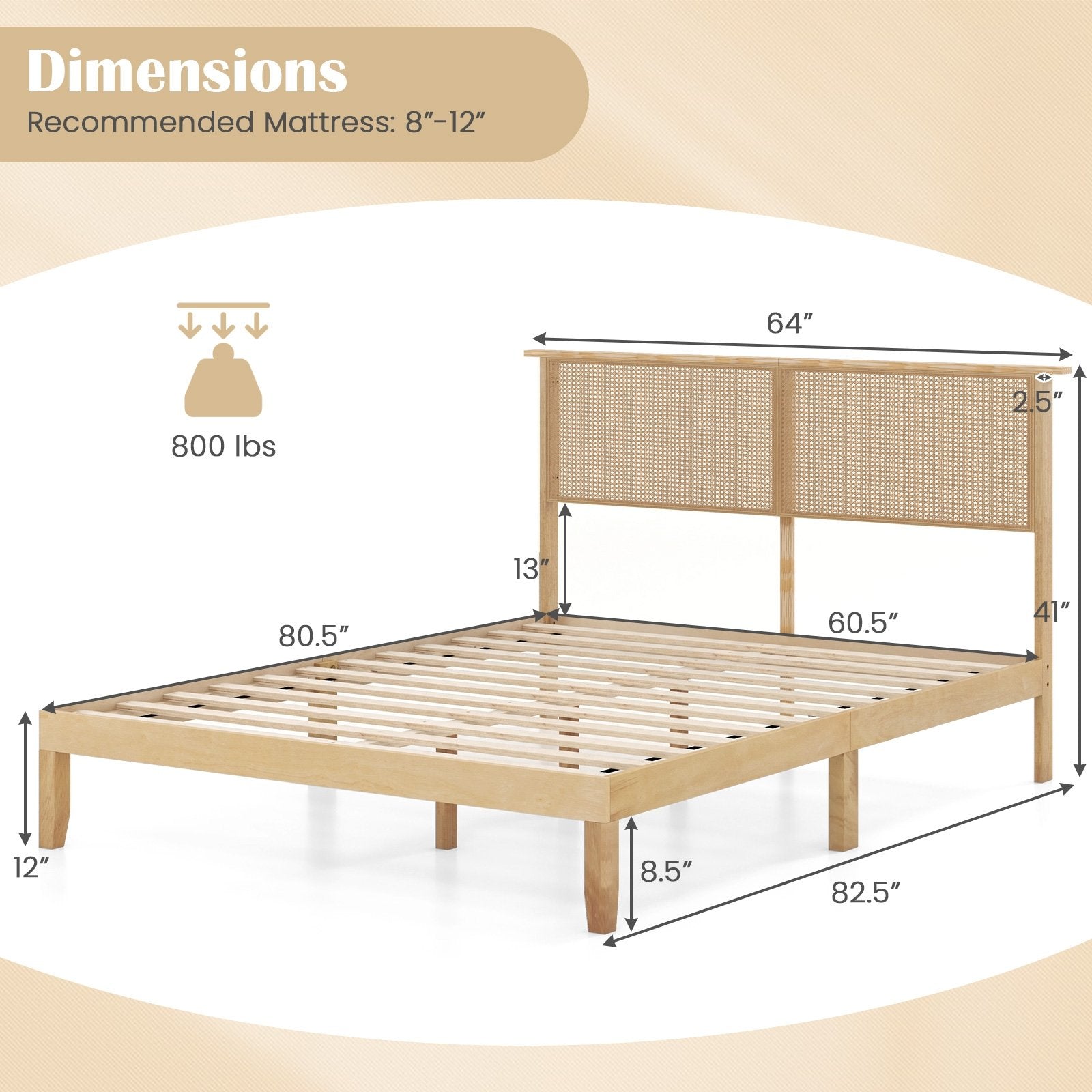 Twin/Full/Queen Size Bed Frame with Rattan Headboard-Queen Size, Natural Simple Bed Frame   at Gallery Canada