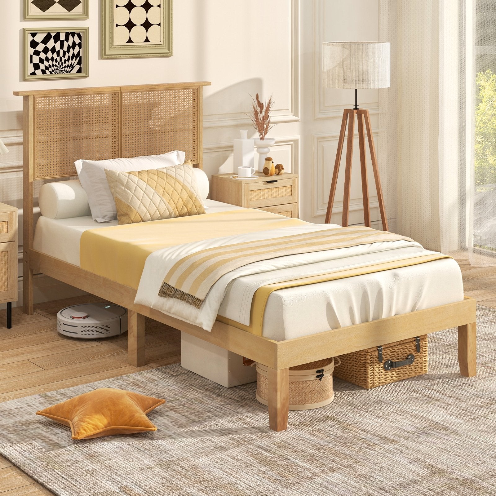 Twin/Full/Queen Size Bed Frame with Rattan Headboard-Twin Size, Natural Simple Bed Frame   at Gallery Canada