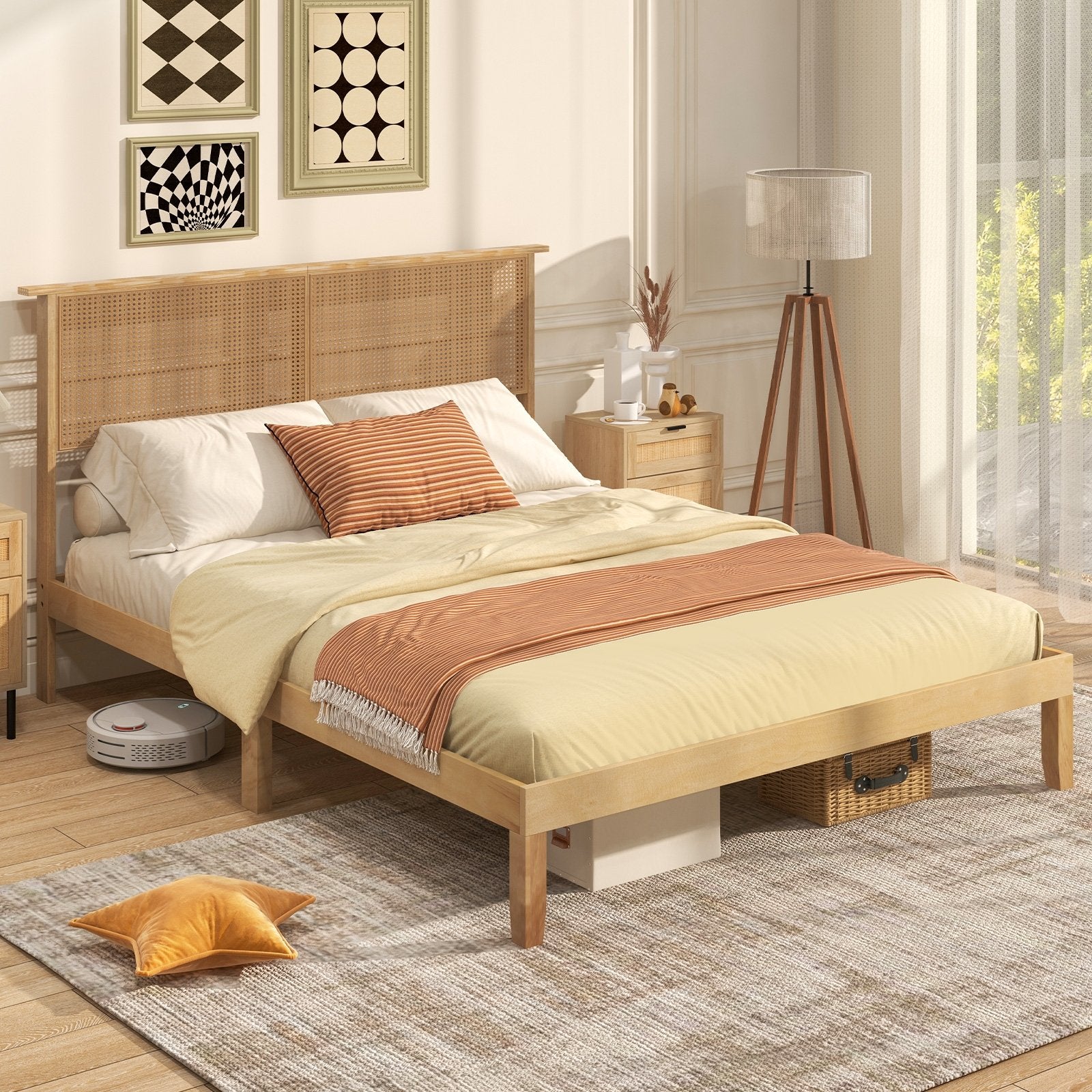 Twin/Full/Queen Size Bed Frame with Rattan Headboard-Queen Size, Natural Simple Bed Frame   at Gallery Canada