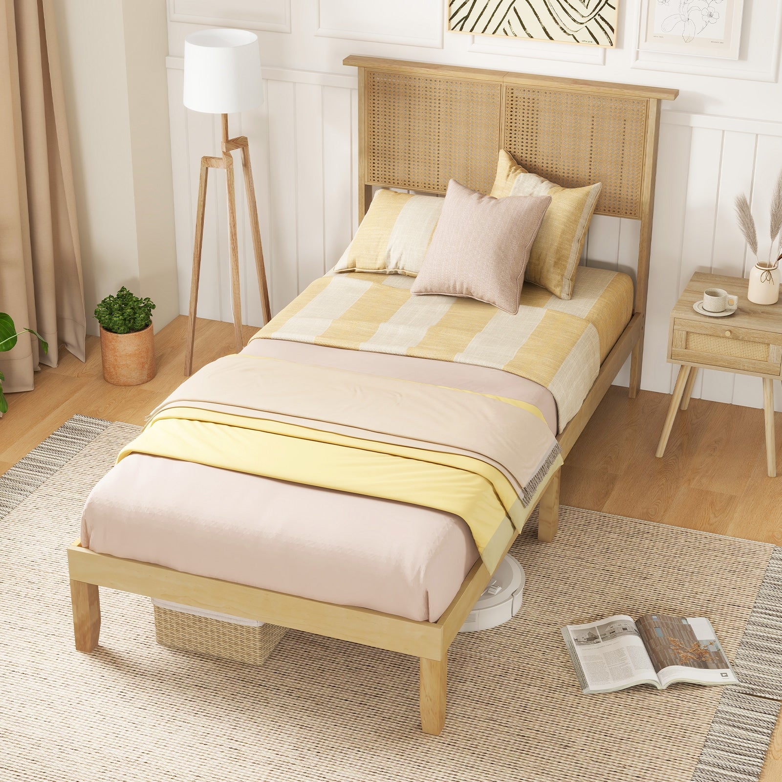 Twin/Full/Queen Size Bed Frame with Rattan Headboard-Twin Size, Natural Simple Bed Frame   at Gallery Canada