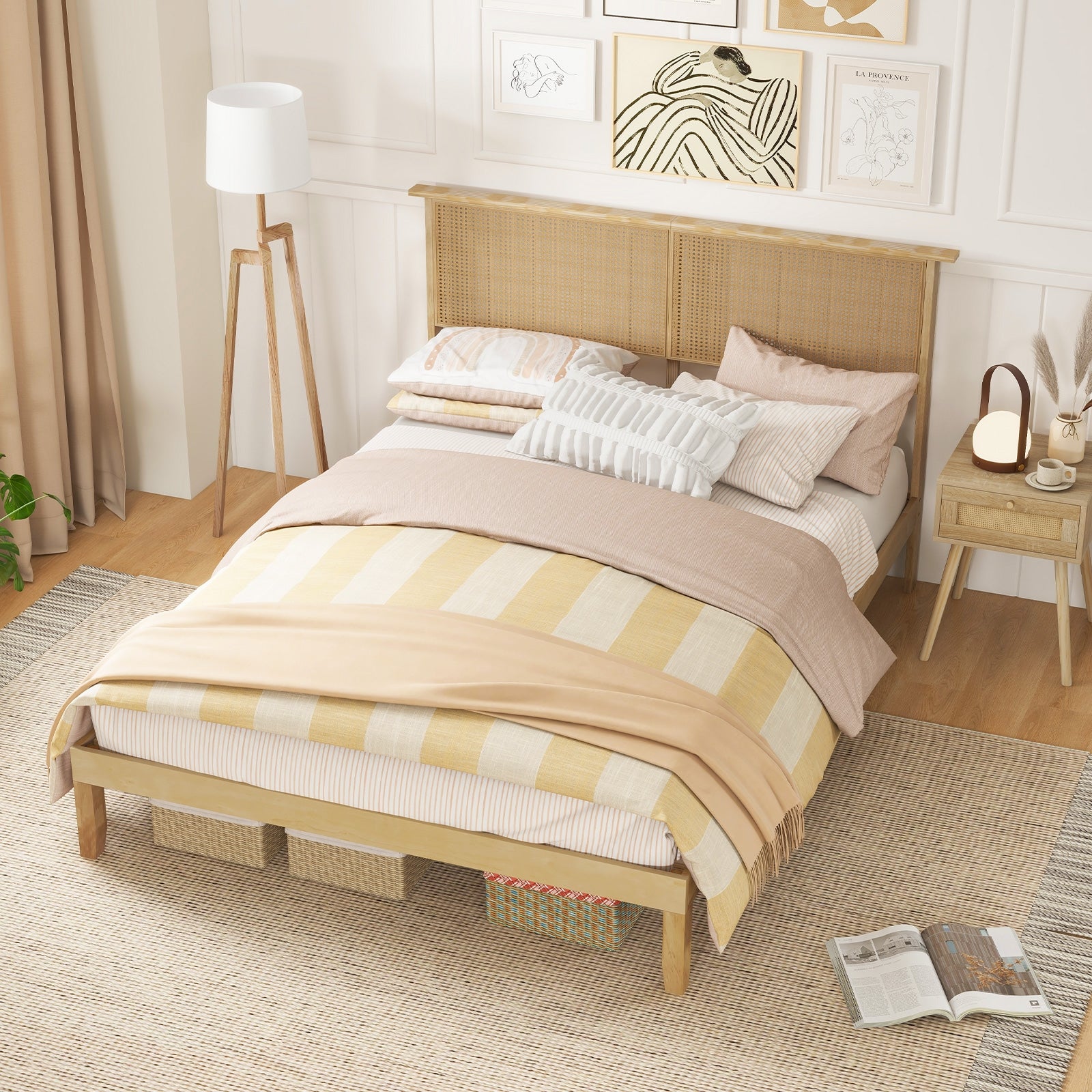 Twin/Full/Queen Size Bed Frame with Rattan Headboard-Queen Size, Natural Simple Bed Frame   at Gallery Canada