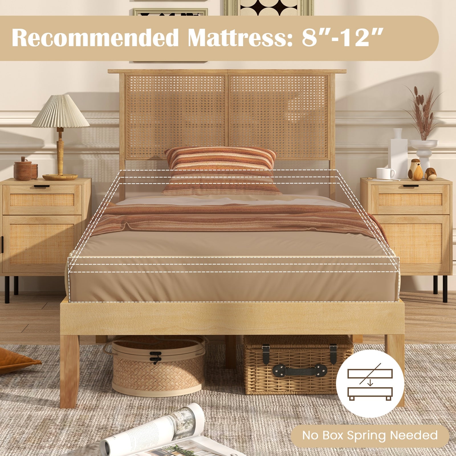 Twin/Full/Queen Size Bed Frame with Rattan Headboard-Twin Size, Natural Simple Bed Frame   at Gallery Canada