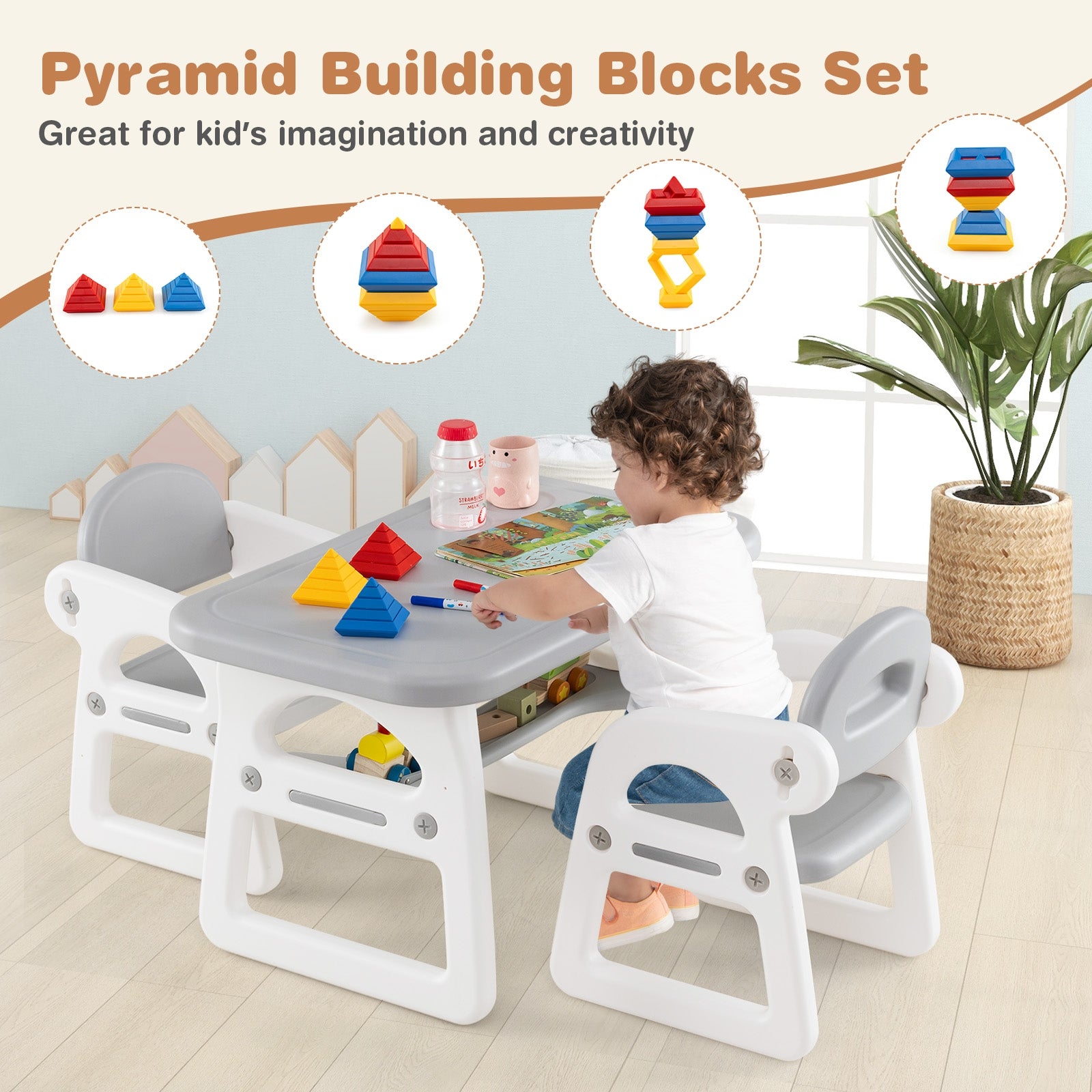 Kids Table and Chair Set with Building Blocks, Gray Kids Table & Chair Sets   at Gallery Canada