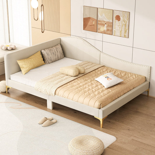 Full/Twin Size Upholstered Daybed with Metal Legs and Wood Slats-Full Size, Beige Simple Bed Frame Beige  at Gallery Canada