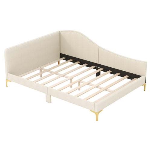 Full/Twin Size Upholstered Daybed with Metal Legs and Wood Slats-Full Size, Beige