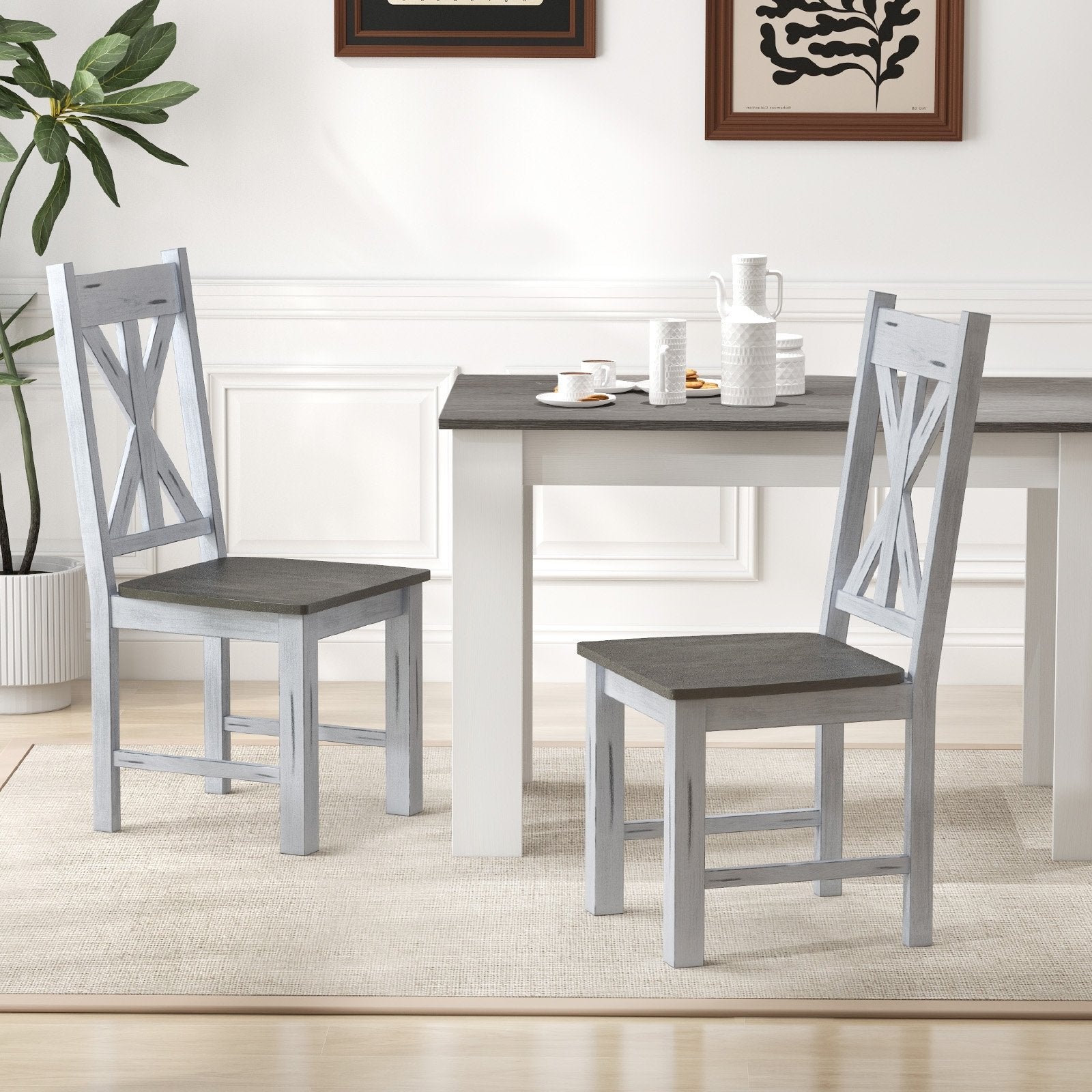 Farmhouse Chair Set of 2 with Rubber Wood Frame and Elegant Hollowed Backrest, Gray Dining Chairs   at Gallery Canada