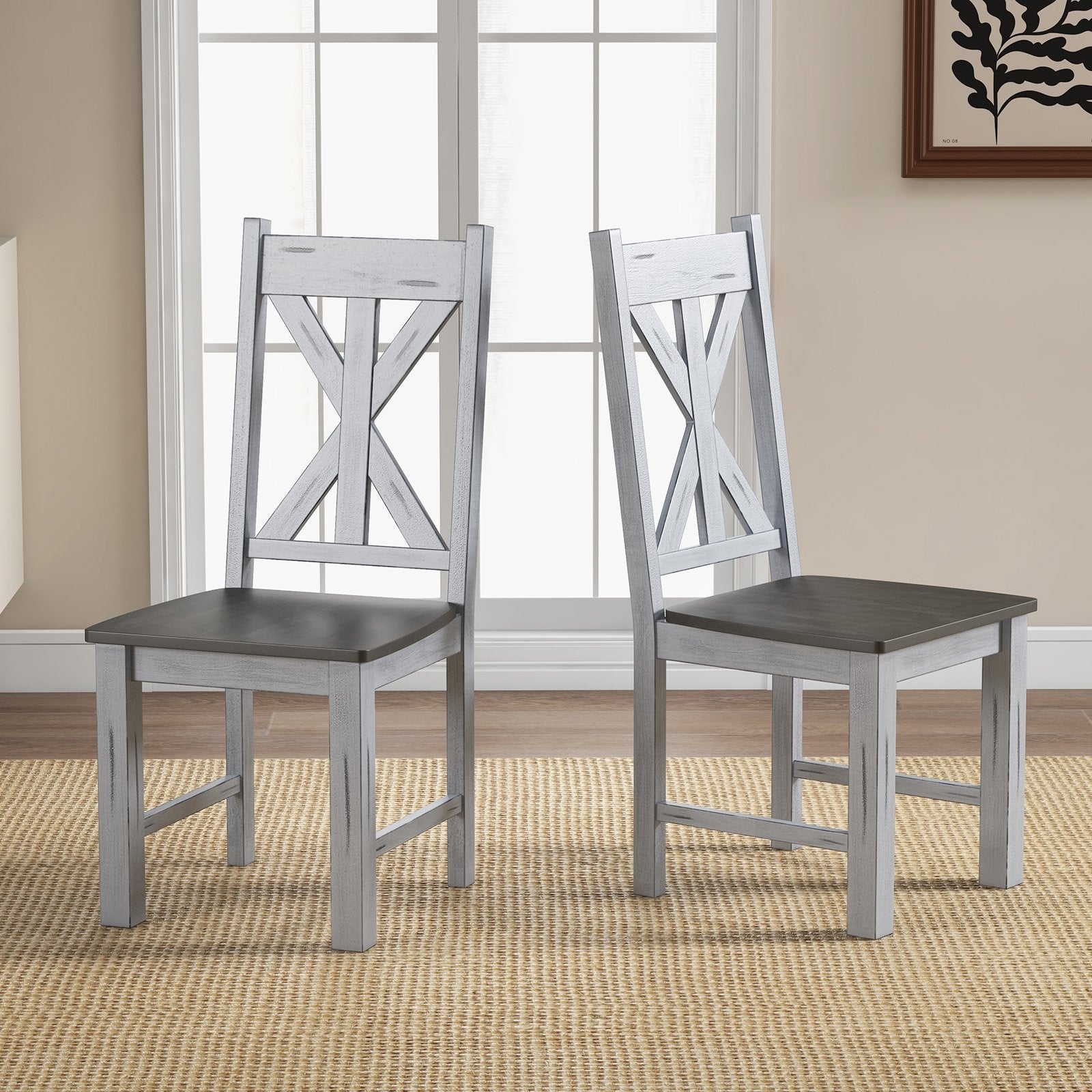 Farmhouse Chair Set of 2 with Rubber Wood Frame and Elegant Hollowed Backrest, Gray Dining Chairs   at Gallery Canada