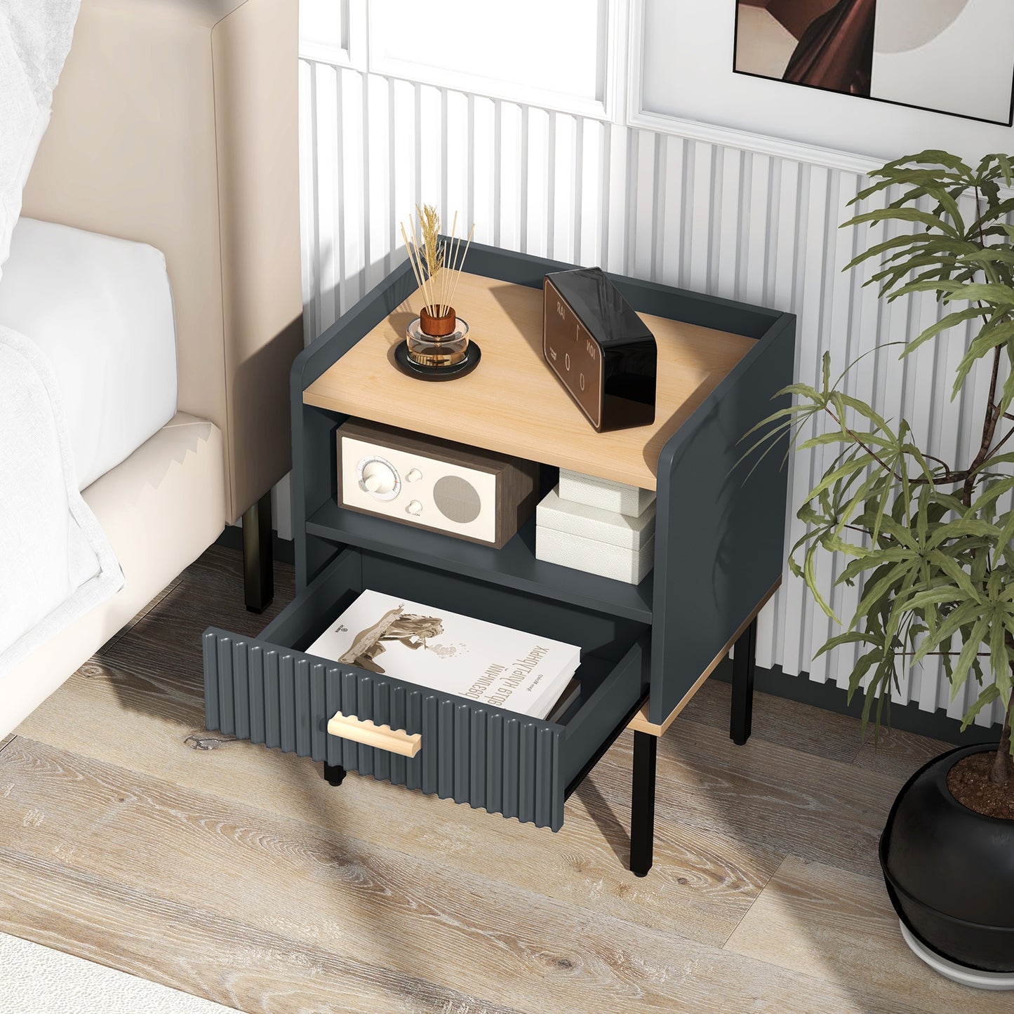 Nightstand Bedside End Table with Drawer and Shelf for Living Room Bedroom-Set of 2, Gray Nightstands   at Gallery Canada