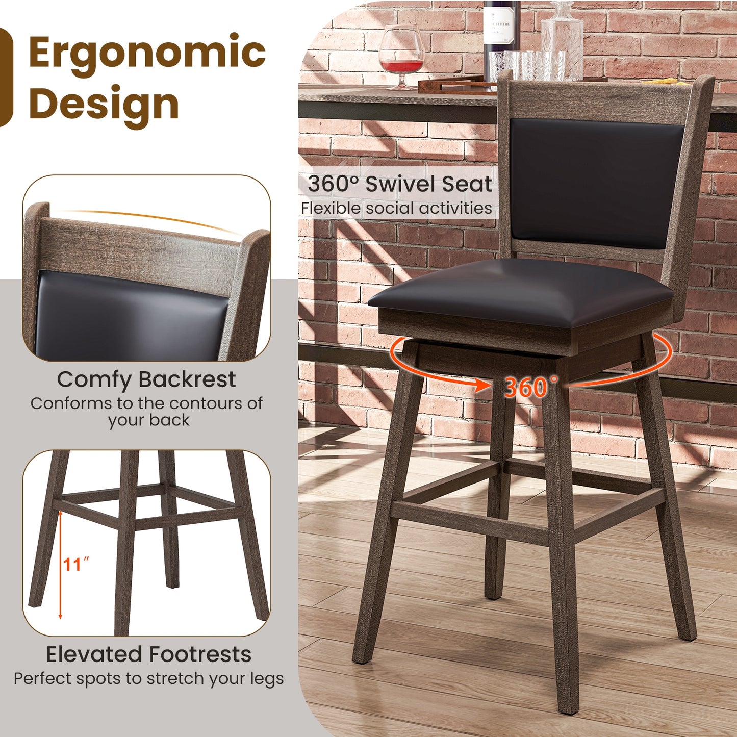 25/29 Inch Padded Bar Stools Set of 2 with Swivel Seat and Footrest-29 inches, Black & Gray Bar Tables   at Gallery Canada