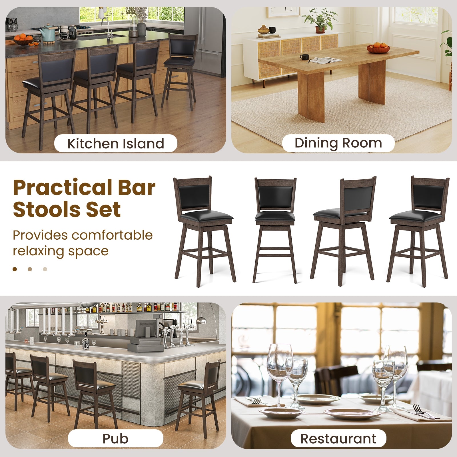 25/29 Inch Padded Bar Stools Set of 2 with Swivel Seat and Footrest-29 inches, Black & Gray Bar Tables   at Gallery Canada