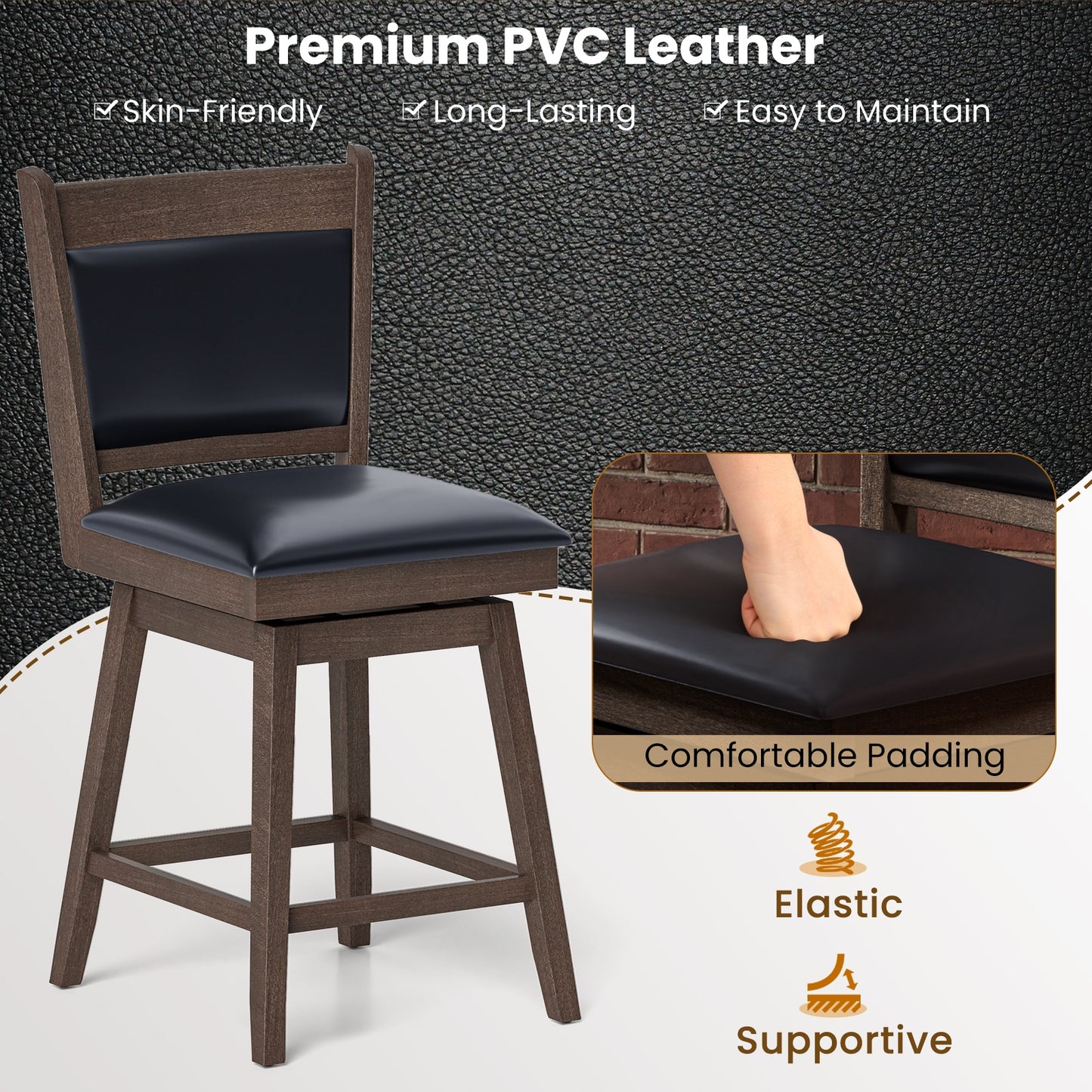 25/29 Inch Padded Bar Stools Set of 2 with Swivel Seat and Footrest-25 Inch, Black & Gray Bar Tables   at Gallery Canada