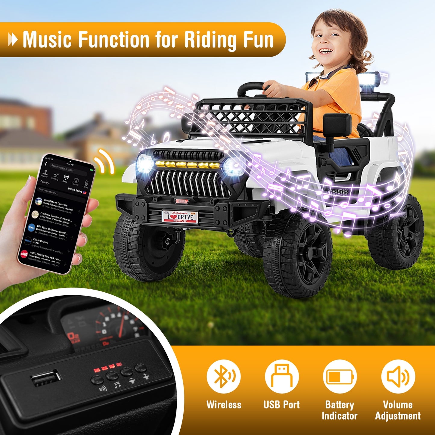 12V Kids Ride on Truck Car with Parental Remote and Music Player, White Powered Ride On Toys   at Gallery Canada