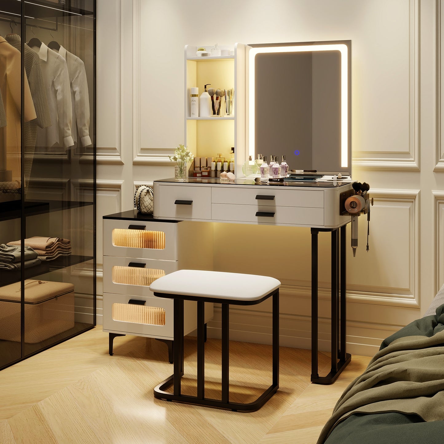 Makeup Vanity Dressing Table and Stool Set with Mirror and 3-Color LED Lights, White Makeup Vanities   at Gallery Canada