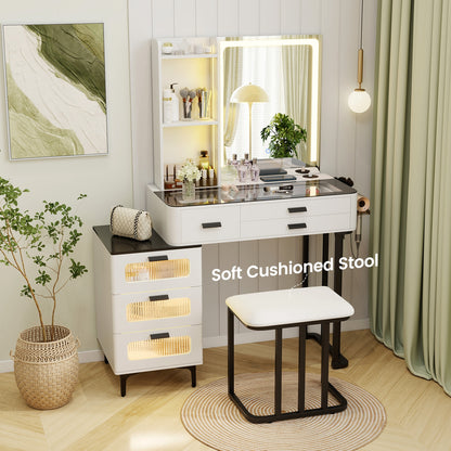 Makeup Vanity Dressing Table and Stool Set with Mirror and 3-Color LED Lights, White Makeup Vanities   at Gallery Canada