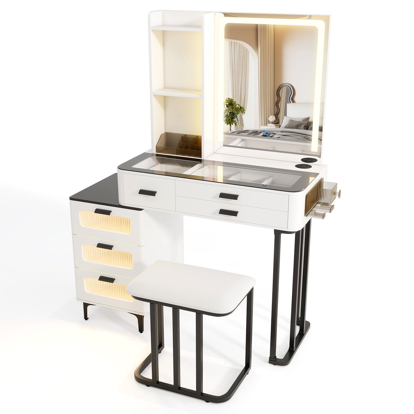 Makeup Vanity Dressing Table and Stool Set with Mirror and 3-Color LED Lights, White Makeup Vanities White  at Gallery Canada